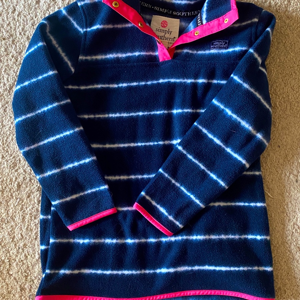 Simply southern fleece jacket Youth Large Blue with white stripes pink trim